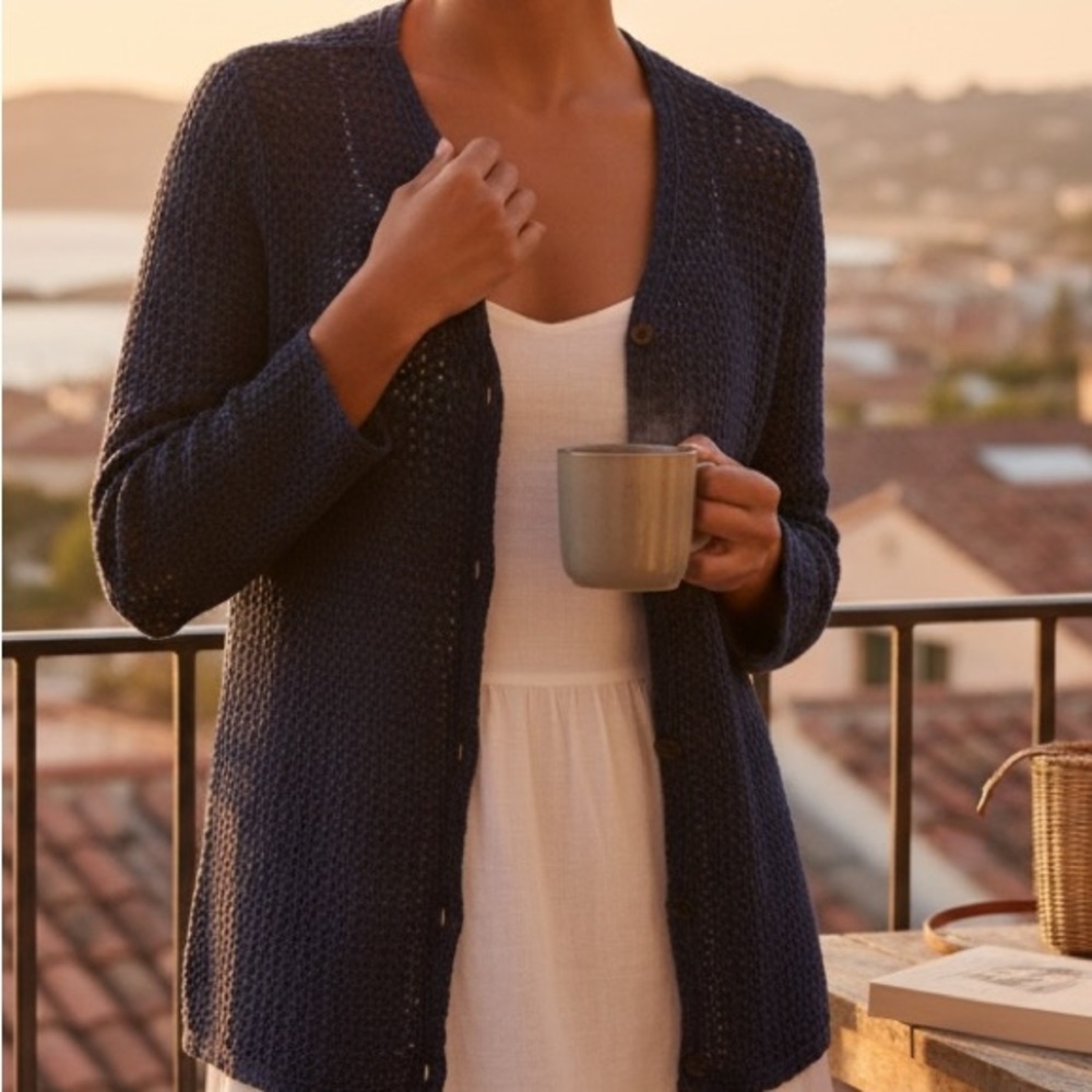L.L. Bean Blue Open Knit Linen Cotton Button Down Cardigan